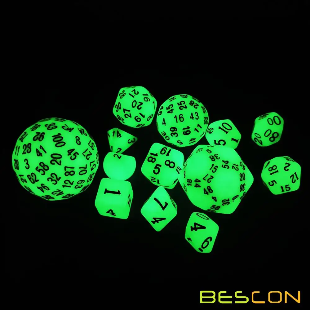 Bescon Super Glowing in Dark Complete Polyhedral RPG Dice Set 13pcs D3-D100, Luminous 100 Sides Dice set 4