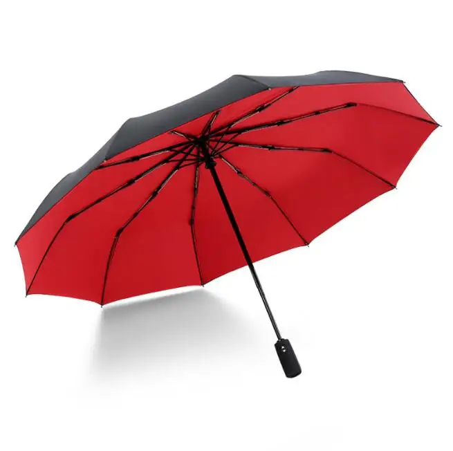 Полностью автоматический двухслойный зонт из десяти костей, складной трехслойный женский зонт, мужской высококачественный ветрозащитный деловой зонт - Цвет: red