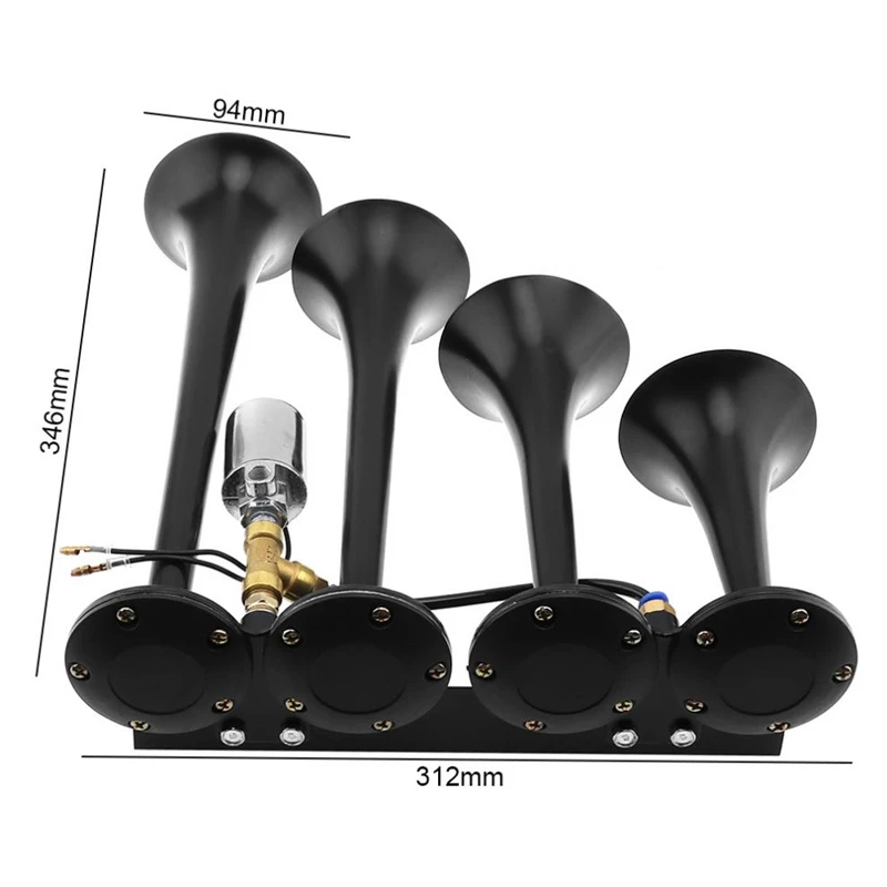 12V / 24V 185Db 4 / Four Super Trumpet Chrome Auto Car Air Horn Set For Car Vehicle Truck Train Boat Yacht Suv Bike 60-150 Psi