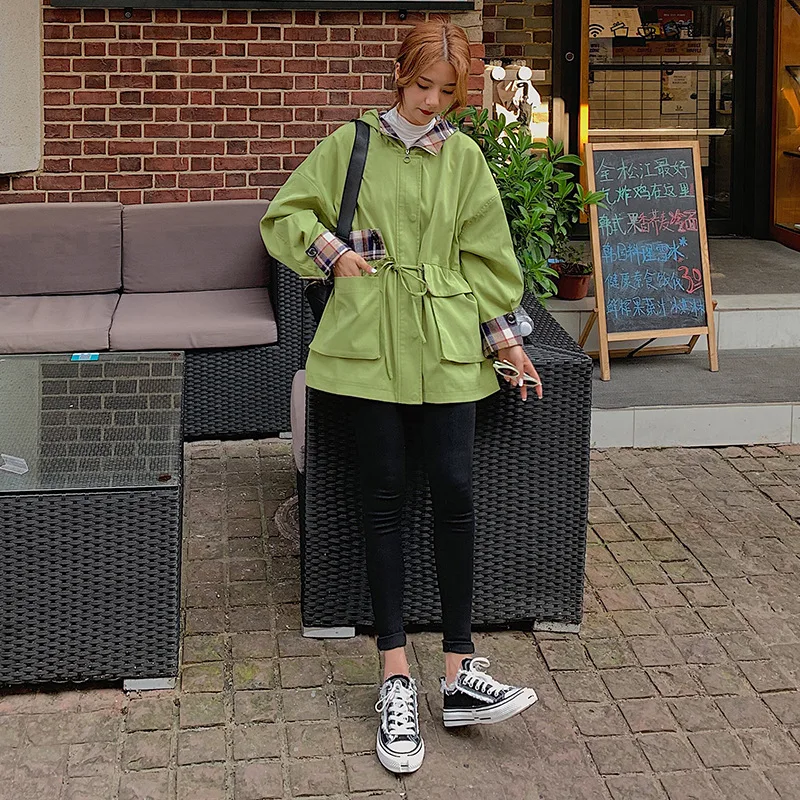 

Oversize Hooded Workwear Coat Women's 2019 Spring And Autumn New Style Korean-style Loose-Fit BF Hong Kong Flavor Drawstring Sho