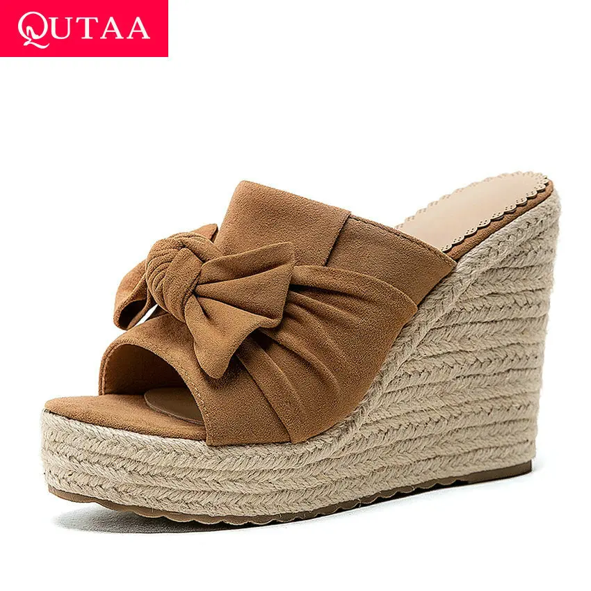 

QUTAA 2020 Butterfly-Knot Peep Toe Summer Ladies Pumps Flock Slingback Platform Women Shoes Wedge High Heel Sandals Size 34-43