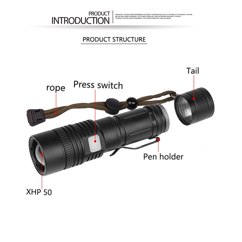 Тактический алюминиевый фонарик масштабируемый яркий XHP50 светодиодный фонарик использовать 18650/26650 с батареей заряжаемой через USB питание в/из 5 режимов