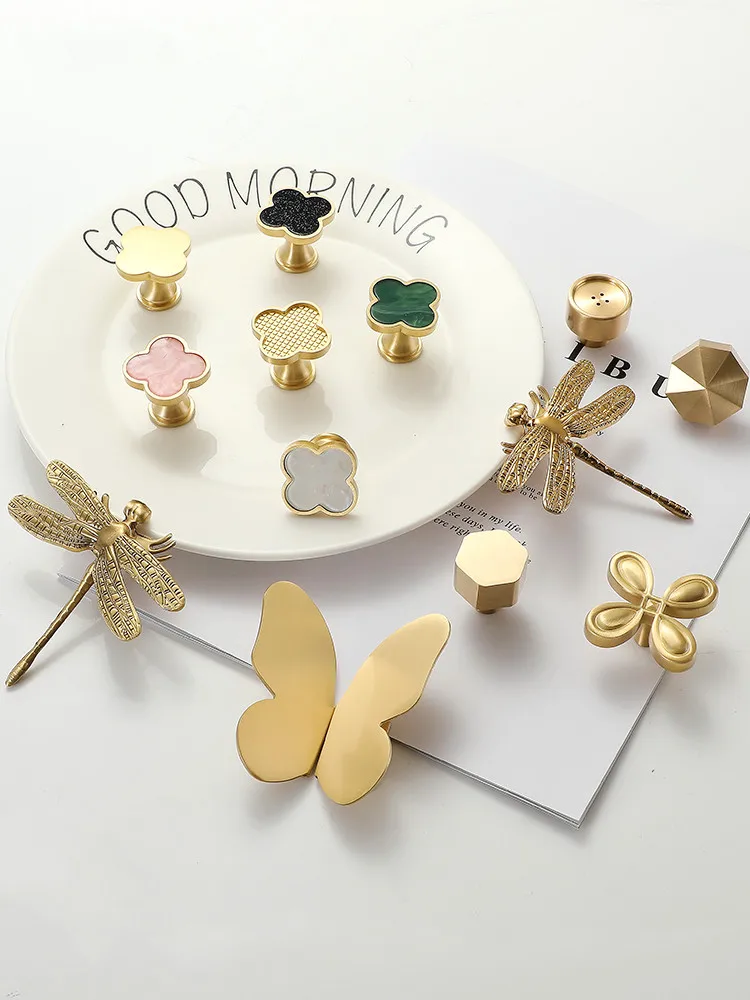 

1PC Brass wardrobe handle Nordic light luxury pastoral style single hole butterfly dragonfly brass cabinet door drawer handle
