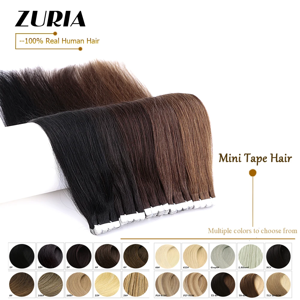 ZURIA-Mini cinta Natural para extensión de cabello humano, no Remy, trama de piel recta de 12, 16, 20 y 40 Uds., 100% cabello Real