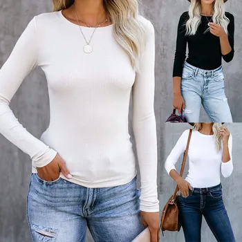 

Tshirt Women Casual Long Sleeve Solid O-Neck T-shirt Tops Top Women Harajuku T Shirt