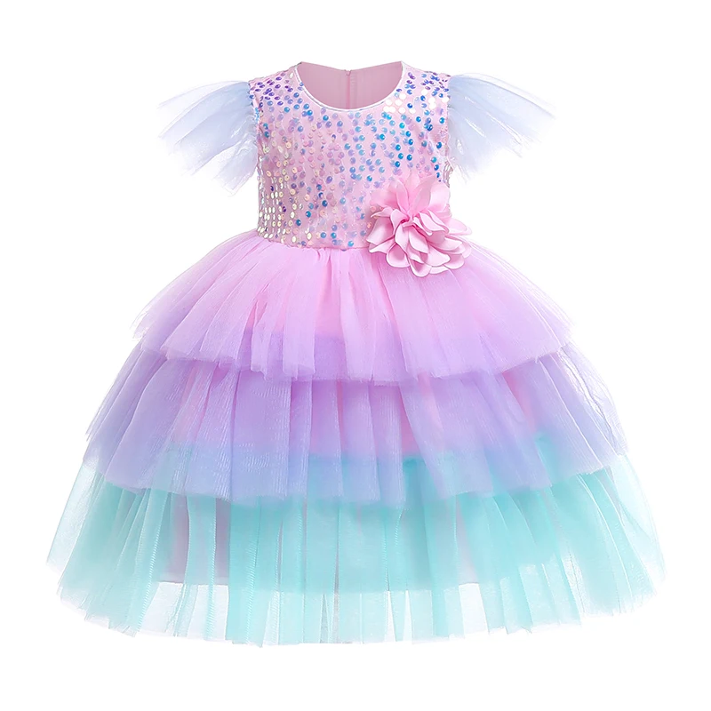 

Cake Flower Tutu Girls Dress Cute Sweet Rainbow Kids Dresses for Girls Ruffle Sleeve Dance Party Carnival Children Clothes