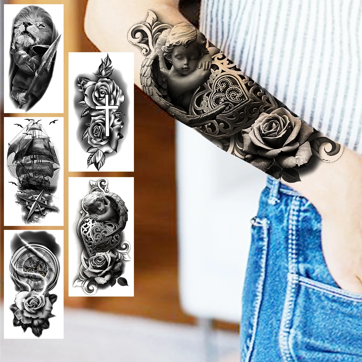

Angel Flower Temporary Tattoos For Women Men Realistic Rose Lion Samurai Pirate Ship Compass Fake Tattoo Sticker Sexy Arm Tatoos
