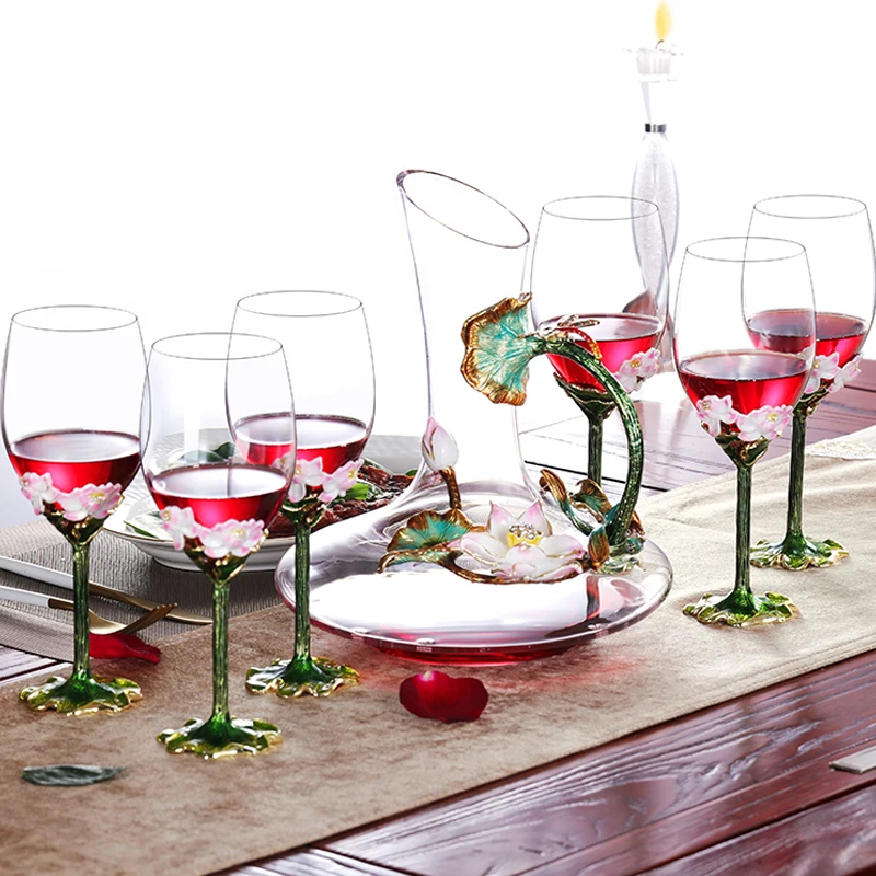 

European Crystal Red Wine Glass Carafe Set Enamel Irises Champagne Glasses decanter goblet wine rack Wedding Gift Gift Box