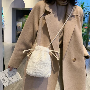 

Lamb Mao Mao Leaning Across Small Bag Female Cute Plush Drawstring Mobile Phone Bag Large Screen Mobile Phone Bag