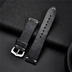 Vintage Genuine Leather Watch Strap - Premium Oil Wax Cowhide Discoloration Design, High-Quality Business Band for 24mm (Black)