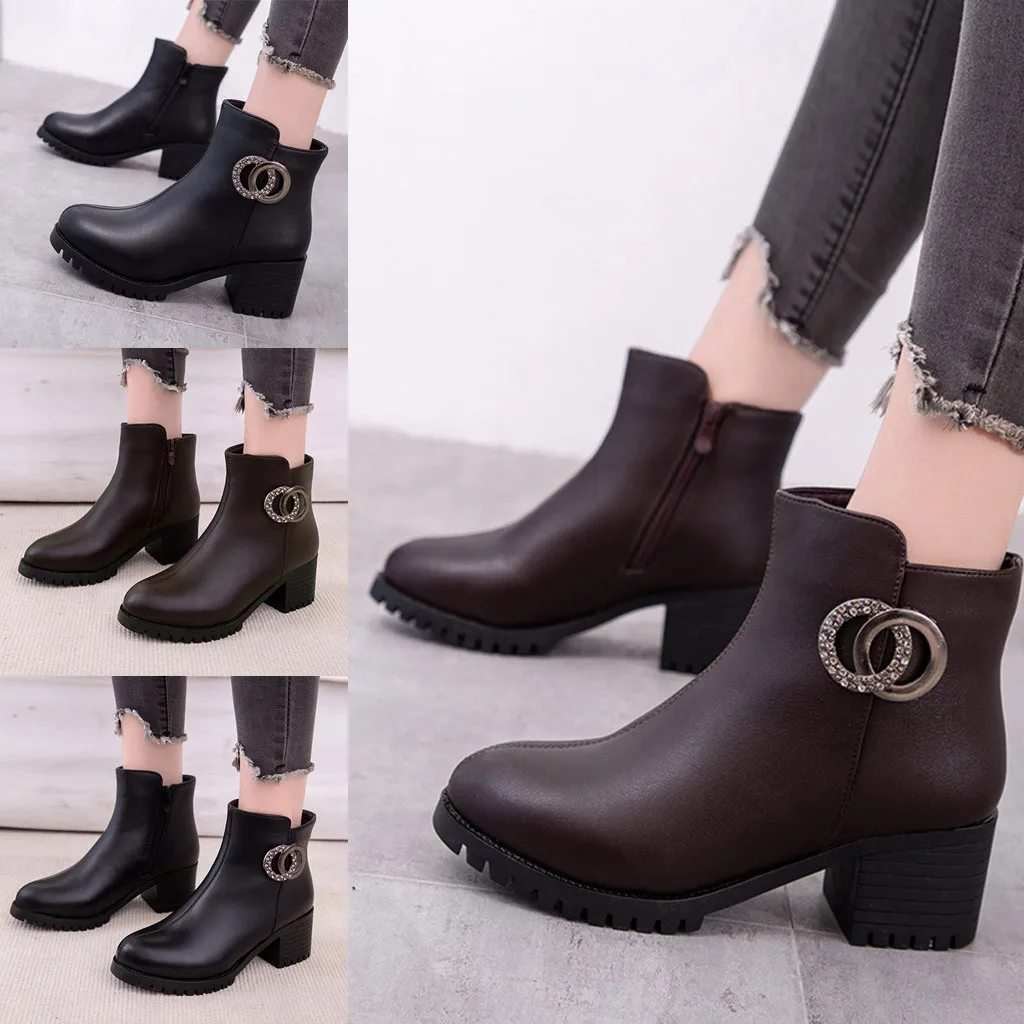 Women's Fashion Ankle Boots Woman Platforms Winter Leather Boot Square Heels Shoes Female Ladies Round Toe Zipper Shoes Footwear