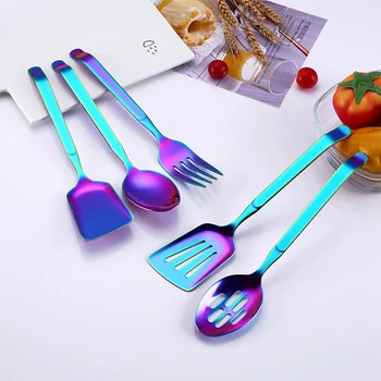 

Stainless Steel Kitchen Utensils Set of 5 Rainbow Color Gadgets Non-Stick Stainless Steel Color Cutlery Set