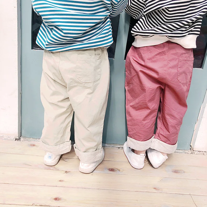 

2019 Autumn New Products Korean-style Children Washed Cotton Pants Men And Women Children Solid Color Elasticity Straight-Cut Cr