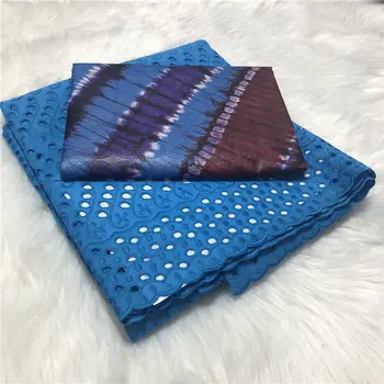 

5yards Blue Embossed Bazin Richce Brocade Fabric with 2.5yard Swiss Voile Lace for Femme Robe New Bazin Riche Brode Fabric ABS30