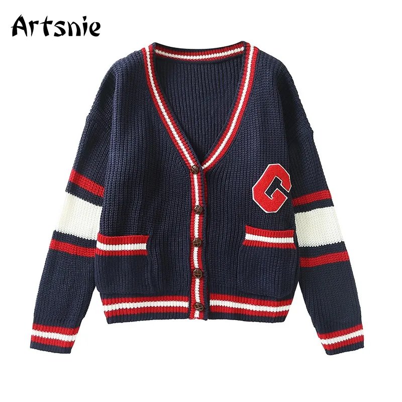 Artsnie Spring 2021 Striped Cardigans Women V Neck Long Sleeve Oversized Sweaters Pull Femme Single Breasted Jumper | Женская одежда