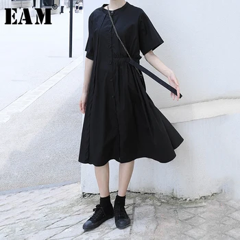 

[EAM] Women Black Pleated Split Joint Dress New Stand Collar Short Sleeve Loose Fit Fashion Tide Spring Autumn 2020 1N595