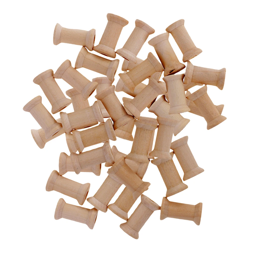 50 Pieces Unfinished Wooden Spools Thread Bobbins Cord Wire Coils Wood Craft Sewing Notions 27mmX16mm