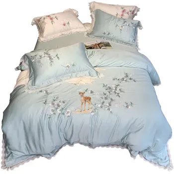 

High-end Tencel 4-piece bedding set 100% lyocell chun tian si Princess dreamy Merlin sika deer embroidered lace four-piece