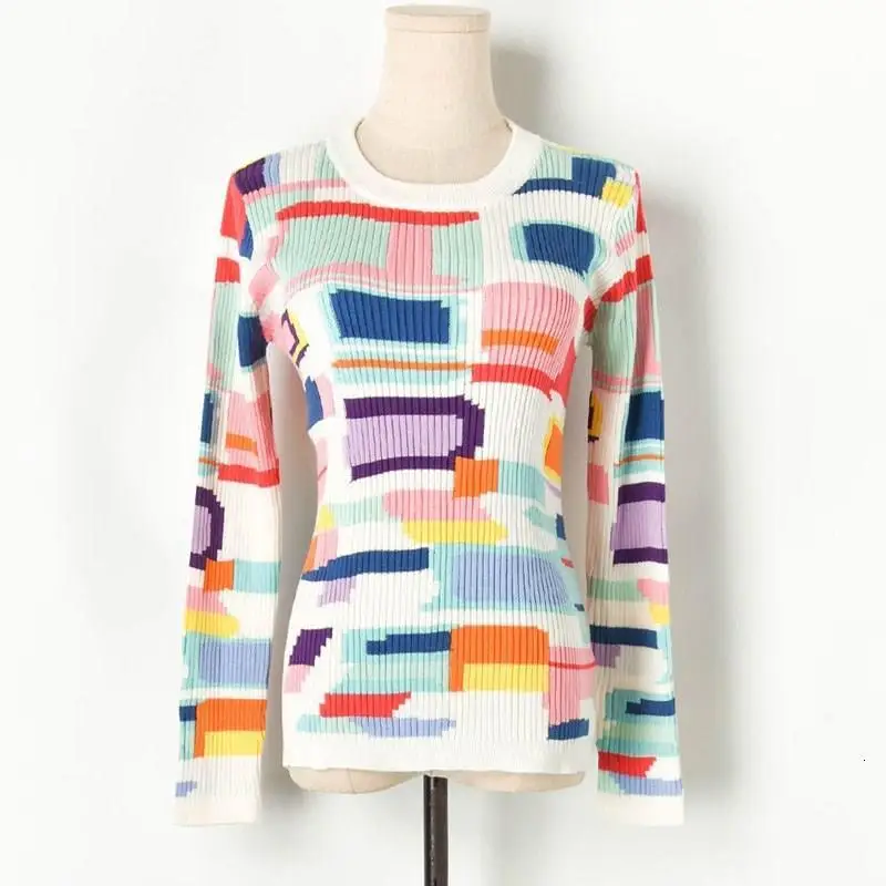 High Quality Slim Sweater Open Stitch Women Long Sleeve Hit Color Graffiti Sweater Fall Button Knitted Cardigan