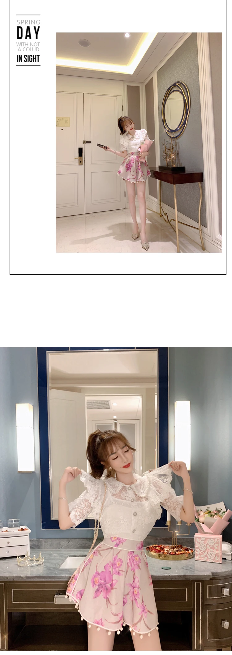 French retro lace shirt tops womens new summer air hollows were thin short sleeves Turn-down Collar  Solid