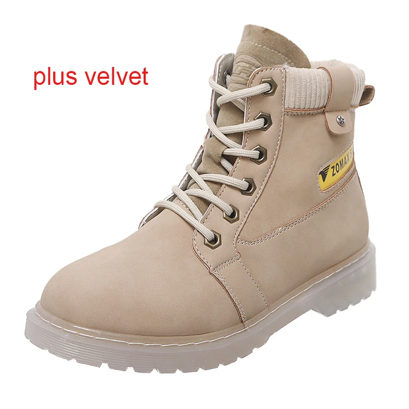 apricot plus velvet Г. Зимние кожаные ботинки на шнуровке Женская бархатная обувь, сохраняющая тепло, женские зимние ботинки на высоком каблуке модные высокие сапоги на плоской подошве - Цвет: apricot plus velvet