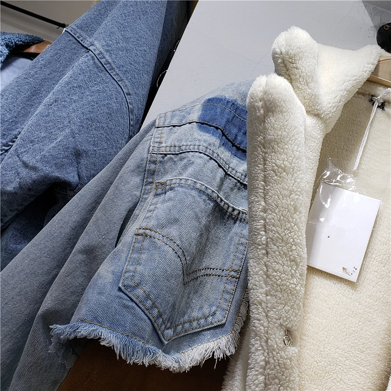 Замшевая женская джинсовая стеганая куртка, теплая зимняя Толстая овчина, Женская замшевая куртка большого размера, меховое короткое пальто большого размера