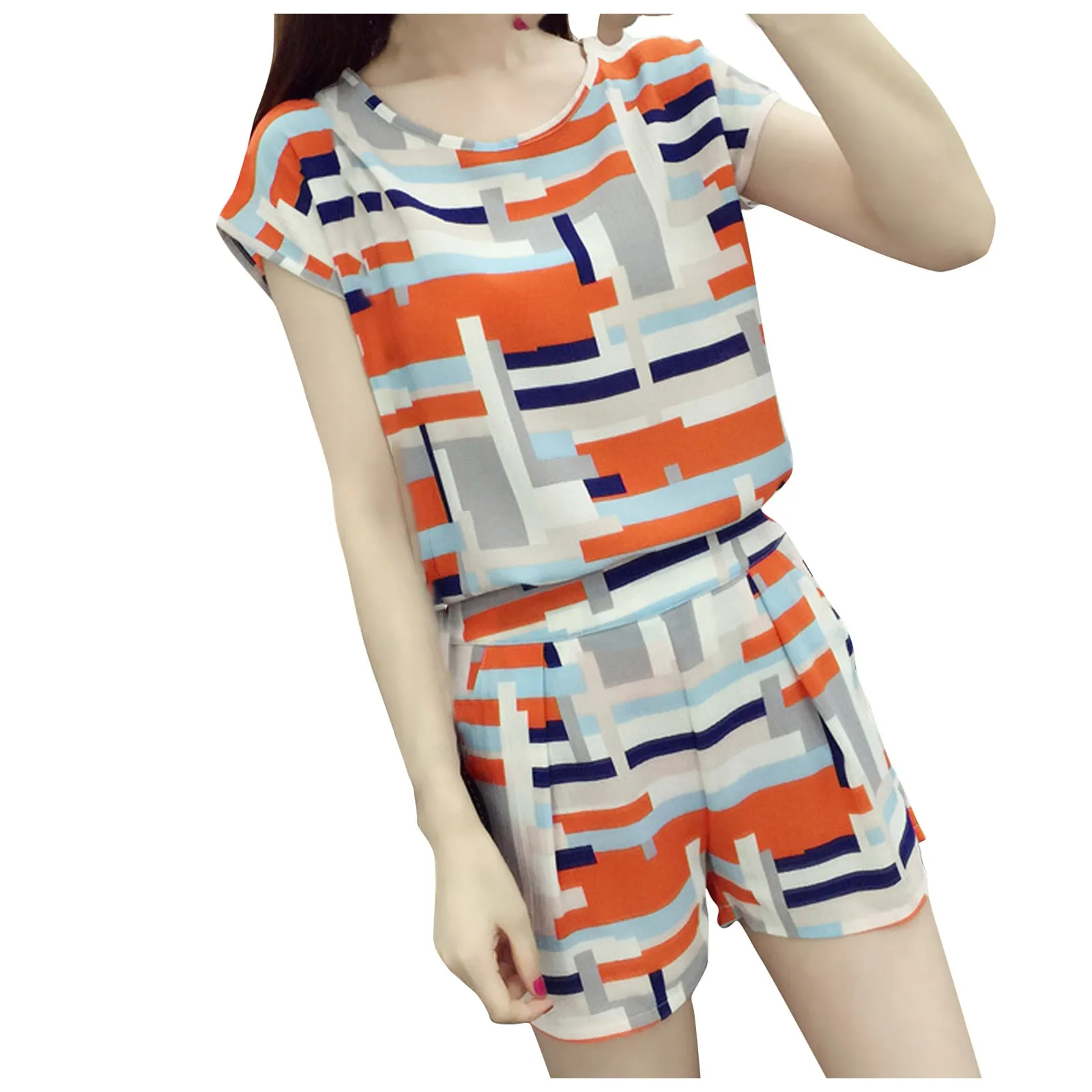 Fashion Casual Women's Tracksuit Chiffon Short Sleeve Printing Shorts sets Leisure Time Big Size Loungewaer Suit 2