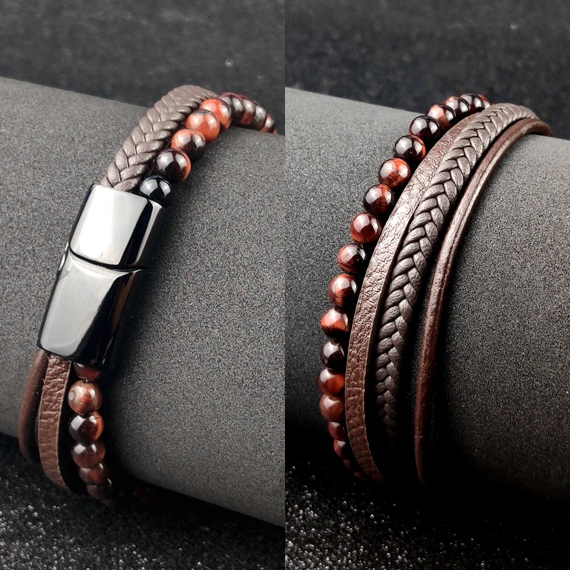 Charm Men Bracelet Rope Stainless Steel Magnetic Natural Stone Leather Beaded Braclet Volcanic Stone bracelet bangles Chain Gift