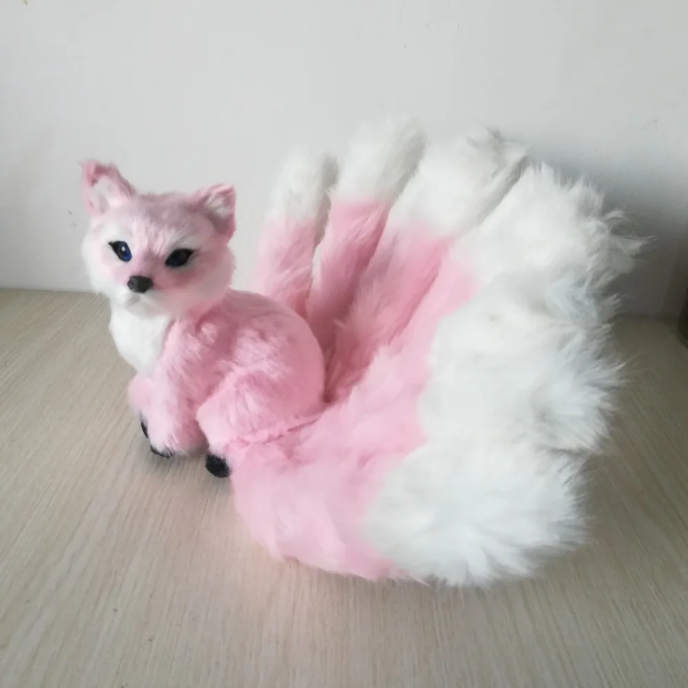 

lifelike toy hard model large 28x15cm pink fox with nine tails polyethylene&furs fox model handicraft home decoration gift s3321