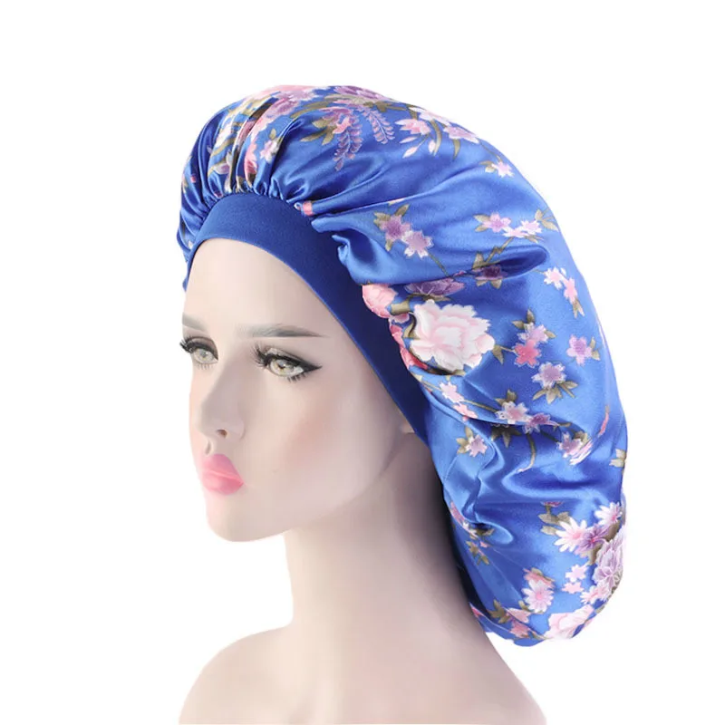 Large Print Satin Silky Bonnet Sleep Cap Width Elastic Band for Women Solid Color Head Wrap Lady Hair Accessories Wholesale