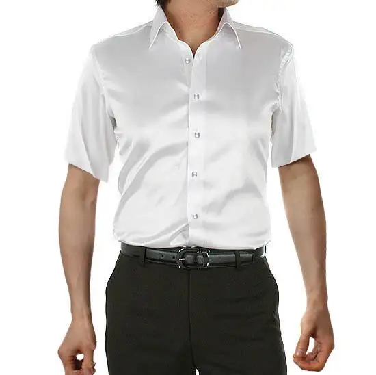 Solid Silk Satin Mens White Shirts 
