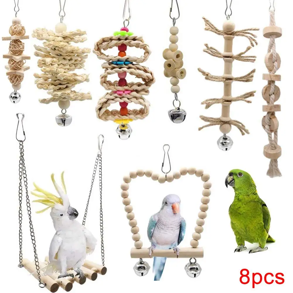 8 шт. Pet Bird Parrot деревянный шар из бисера колокольчики веревка Подвесные качели клетки жевательная игрушка для укуса