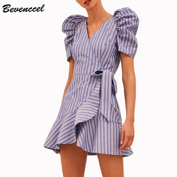 

Bevenccel Short Puff Sleeve Mini Runway Evening Party Dress Sexy 2020 New Front Cross Celebrity Summer Women Dress Vestidos