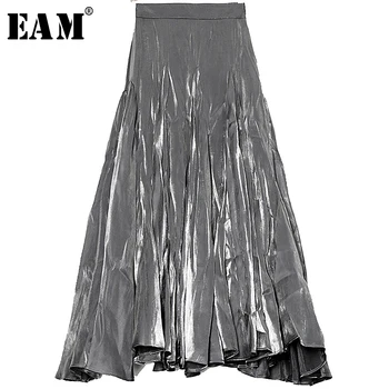 

[EAM] High Elastic Waist Metal Color Pleated Asymmetrical Temperament Half-body Skirt Women Fashion New Spring Autumn 2020 1S465