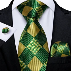 Designer Men's Silk Tie Set Luxury Green Gold Plaid Business Wedding Neck Tie For Men Gift Set Wholesale Items For Business