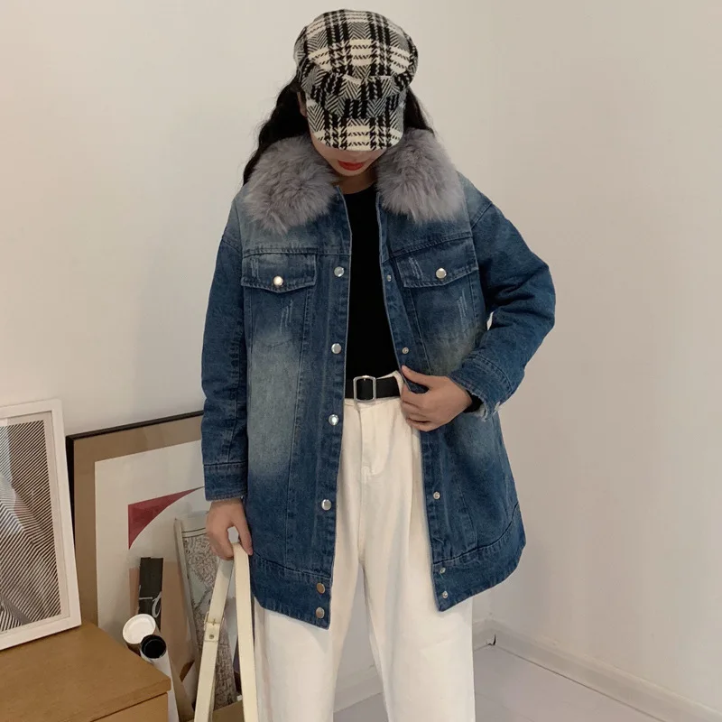 

2019 Winter New Style Large Size Dress Fat Mm Plus-sized Korean-style Mid-length Brushed And Thick Jeans Coat Women's