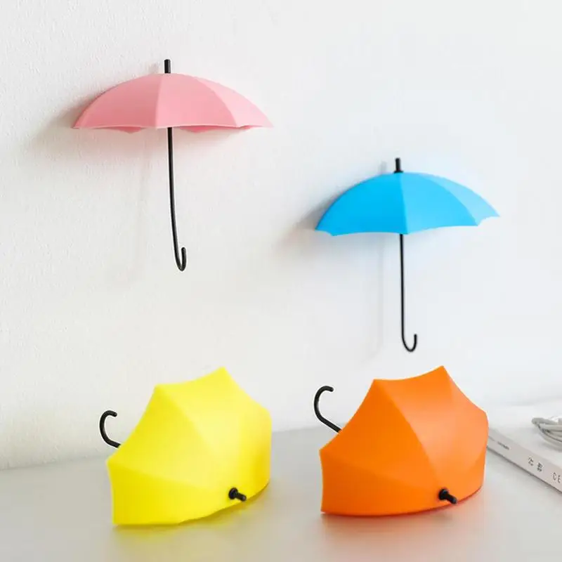 Lalang 3Pcs Colorful Umbrella Shape Wall Door Hooks Self Adhesive Hook Sticker for Bathroom Kitchen orange+yellow+red 