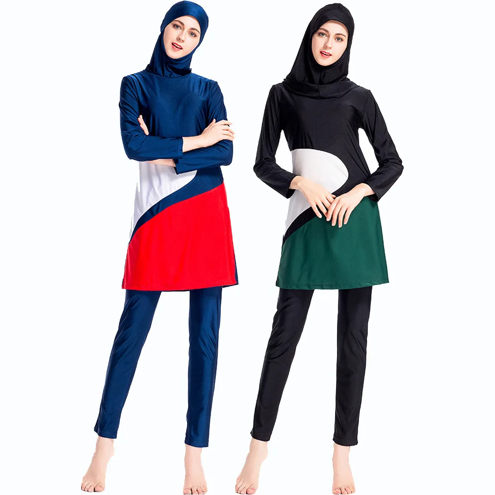 2019 New Burkini Plus Size Muslim Swimsuit Patchwork Islamic Swim Wear Bourkini Sport Burkinis For Women Hijab Sport Islami Mayo