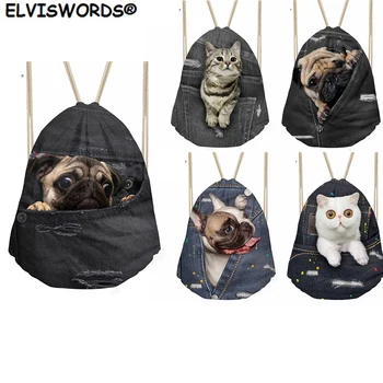 

ELVISWORDS 3D Puppy Dog Denim Animal Printed Bag Worek Plecak Sznurek Travel Beach Sack Bag Gift for Teenage Women Yoga Bags