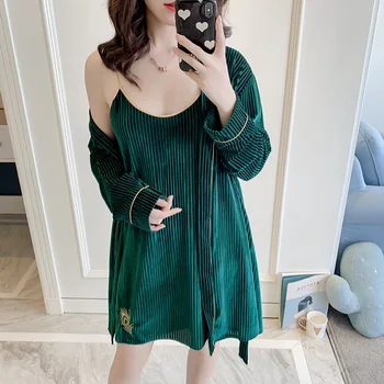 

Lady Kimono Robe 2pcs Set Sexy V-neck Homewear Nightwear Home Clothing Neglihee Soft Long Sleeve Autumn Nightdress Sleepwear