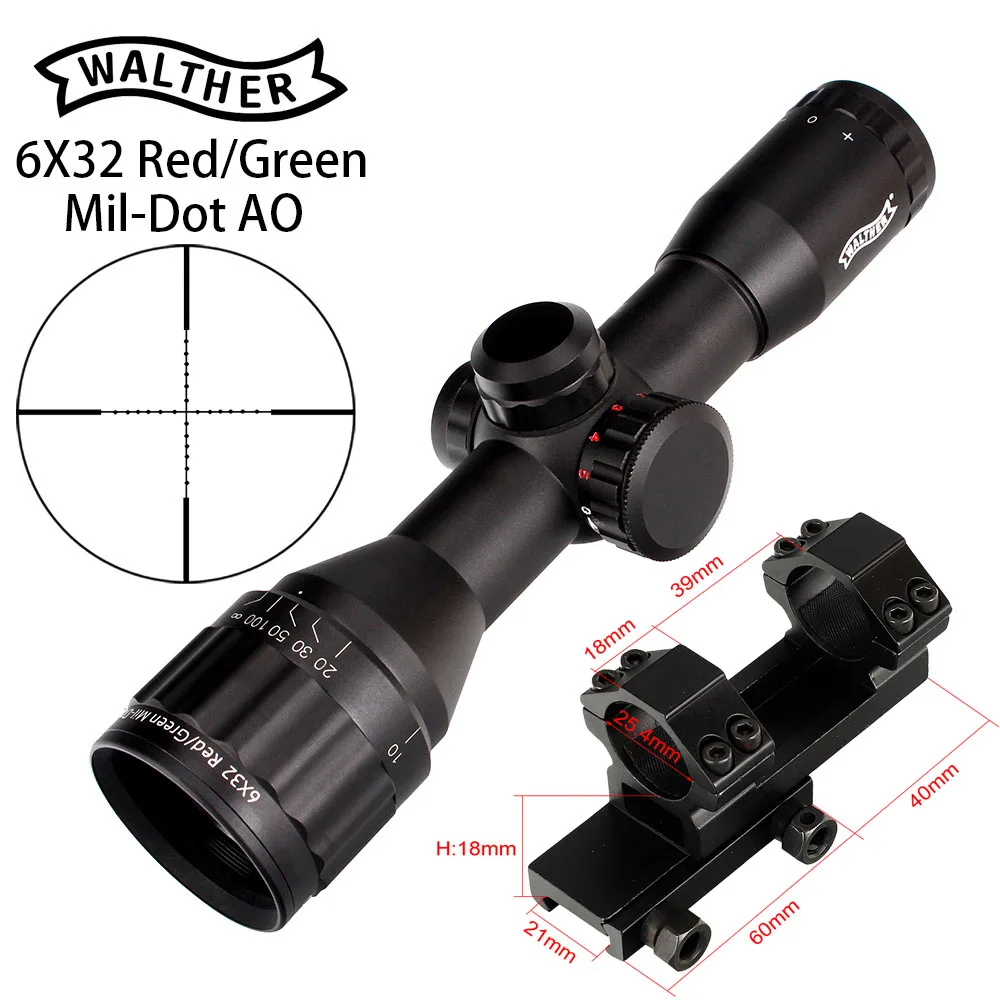 with Picatinny Rings Тактический оптический прицел 6x32 AO Mini Mil-Dot двухцветная светящаяся сетка охотничий оптический прицел - Цвет: with Picatinny Rings