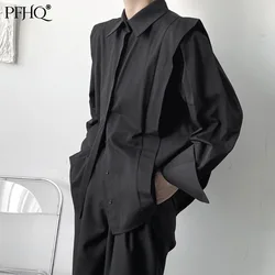 Pfhq 2021 nova moda masculina cor sólida costura neutra casual solto desconstruído camisa de manga comprida primavera outono 21e4219