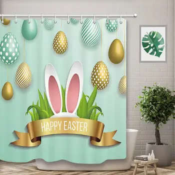 

Happy Easter Sunday Bathroom Shower Curtains, Catoon Bunny Rabbit Ears in Colorful Eggs in Spring Festival, Polyester Bath