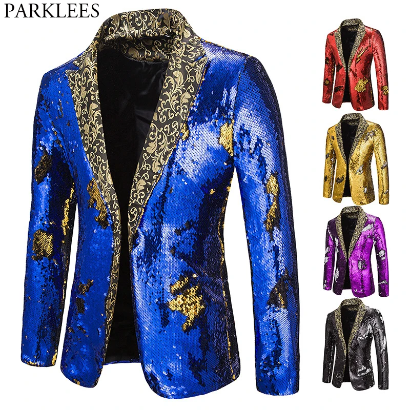 Luxe Royal Blue Sequin Glitter Blazer Jas Mannen Bloem Revers 2 Kleur Conversie Blazers Heren Nachtclub Podium Zangers Custmes