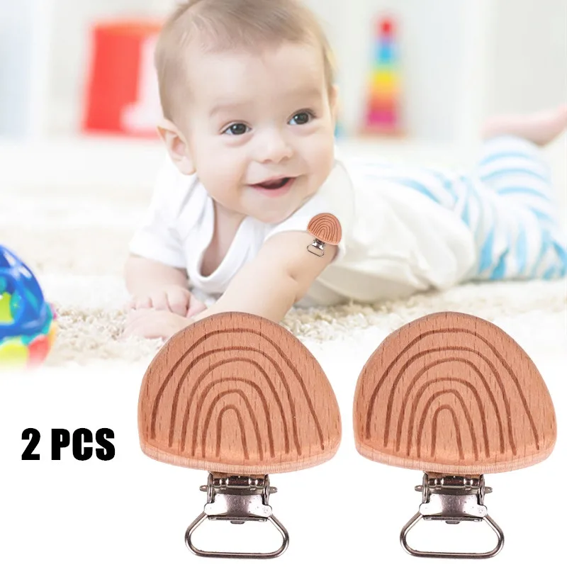 

2Pcs DIY Wooden Pacifier Clips Beech Engrave Rainbow Baby Teether Nipple Holder Dummy Clip Chain Making Baby Pacifier Chain