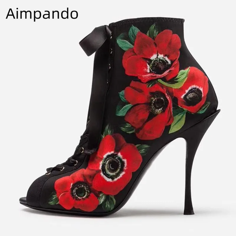 

Latest Design Cross Tied Ankle Boots Women Printed Sexy Peep Toe Stiletto High Heel Catwalk Heels New Summer Short Botas Mujer