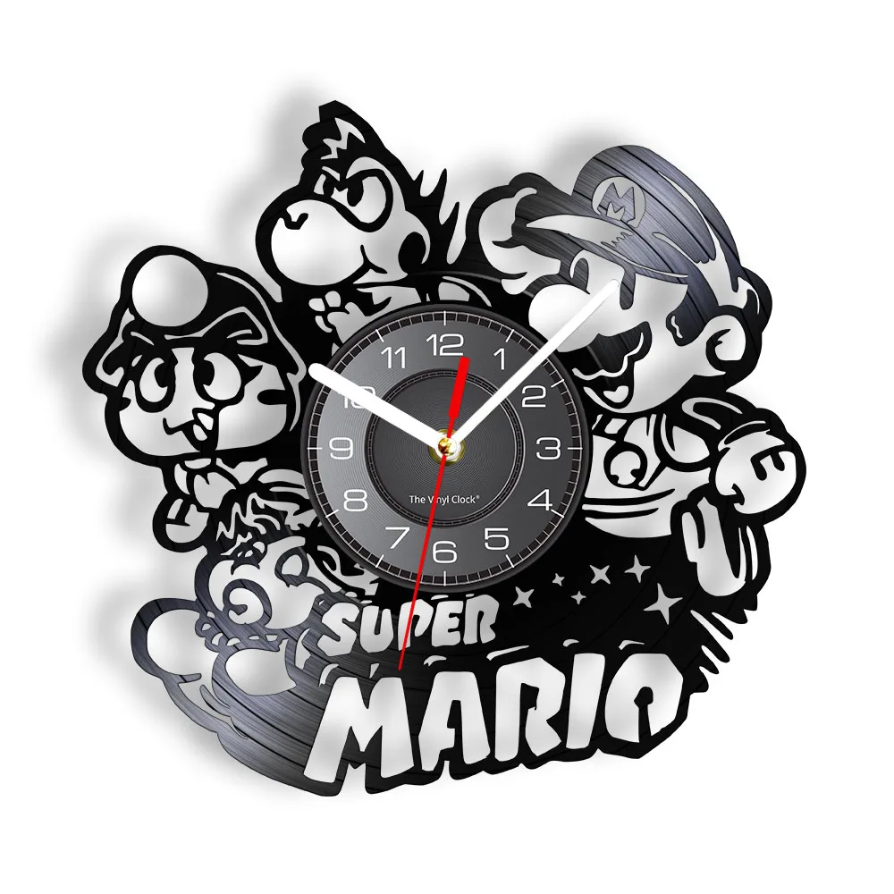 Video Game Inspired Vinyl Record Clock Princess & Mr. Mario WIth Magic Mushrooms Longplay Record Wall Watch Silent Hanging Decor wall clock for living room Wall Clocks