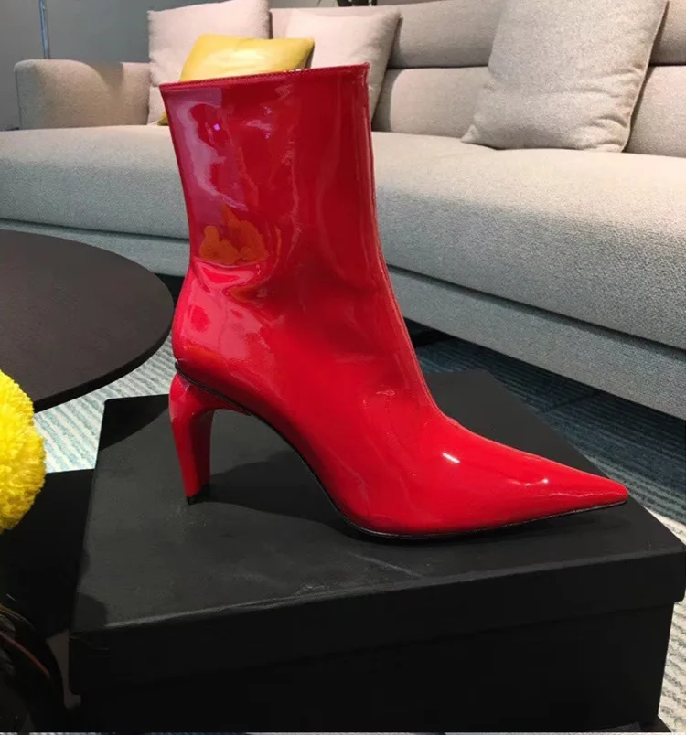 

New Patent Leather Women Red Boots Sexy Pointed Toe High Heels Ankle Boots For Women Autumn Winter Shoes Woman Martin Boots
