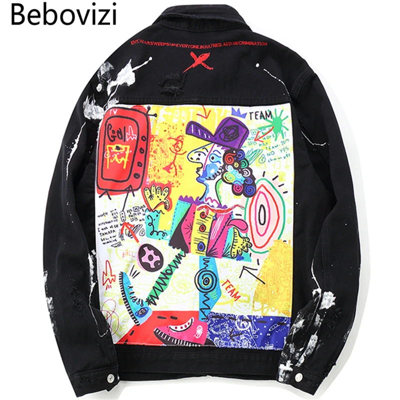 

Bebovizi Men Denim Jacket Coats Streetwear Graffiti Hip Hop Jackets Fashion Male Black Jacket Turn-down Collar Outwear 2019