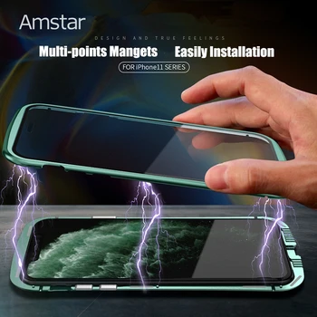 

Amstar Magnetic Adsorption Tempered Glass Metal Case 360 Full Protect for iPhone 11 Pro Max Double-sided Tempered Glass Cover